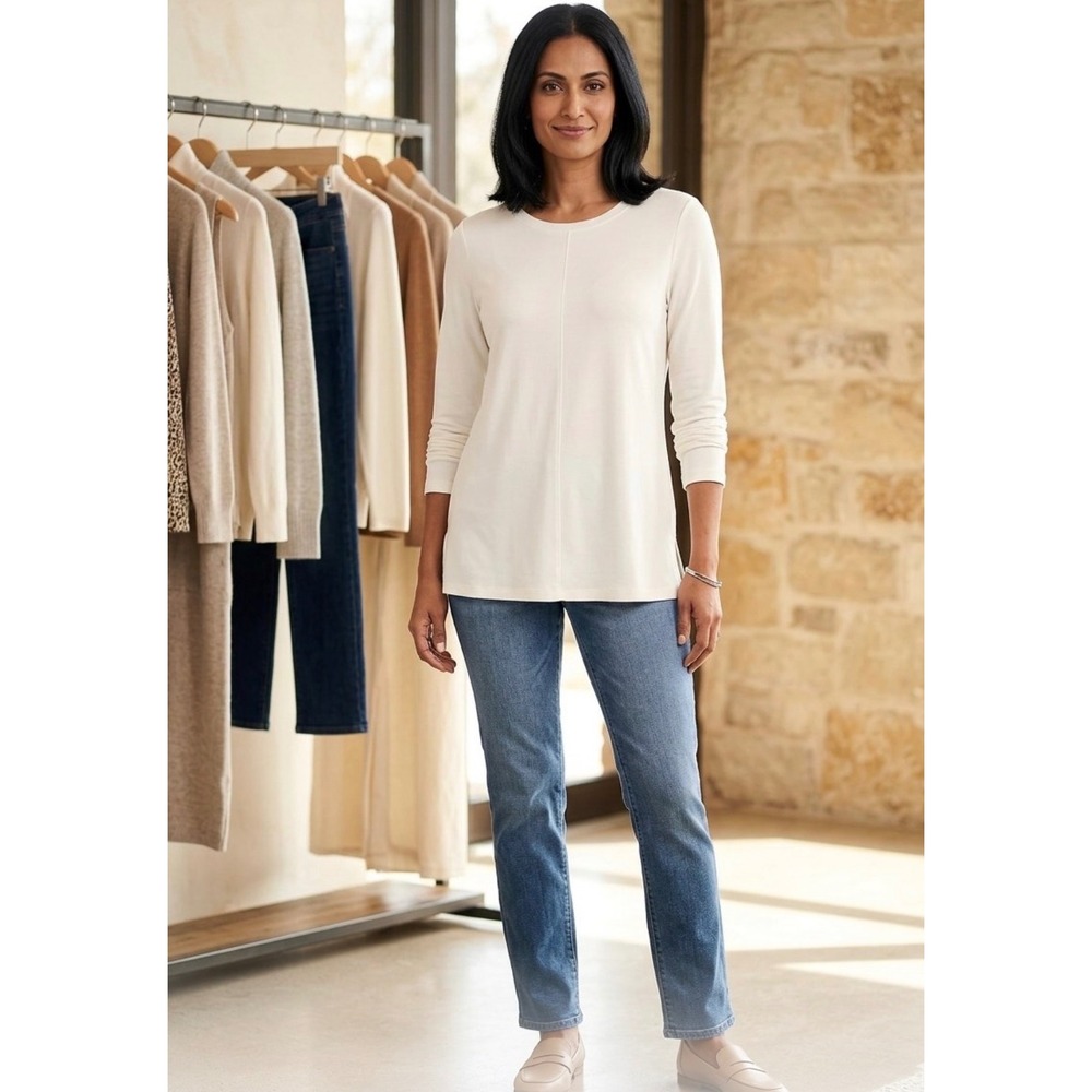 J. Jill White Pima Cotton Long Sleeve Crew Neck Tee Shirt Large Center Seam